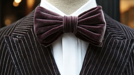 Close-up of a bow tie with velvet texture, paired with a dark suit jacket and white shirt, showing the luxurious detail of formal wear.の素材