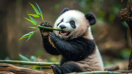 Fluffy panda cub holding a bamboo shoot with a happy expression, representing the iconic cuteness of baby pandas.の素材