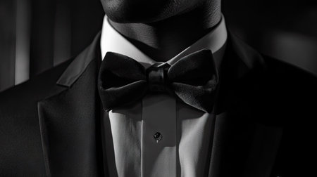 Close-up of a bow tie with velvet texture, paired with a dark suit jacket and white shirt, showing the luxurious detail of formal wear.の素材