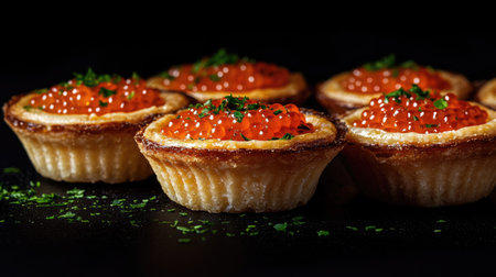 Luxury tartlets filled with red caviar on a black background, with a sprinkle of green herbs, capturing fine dining aesthetics.の素材