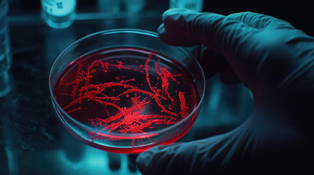 Laboratory shot of a Petri dish with active microorganism culture, showing complex structures under bright lab lighting, ideal for microbiology visuals.の素材