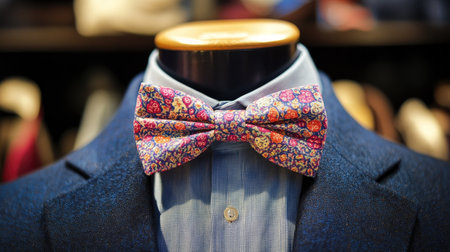 Close-up of a bow tie with intricate patterns, paired with a crisp shirt and suit, highlighting refined details and fabric textures.の素材