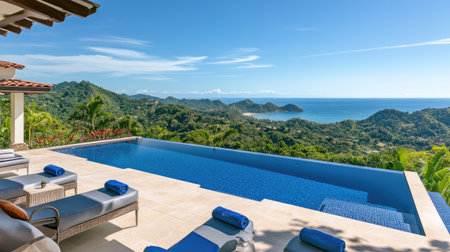 Infinity pool in a villa with panoramic views, surrounded by chic seating and lush greenery, highlighting modern luxury.の素材