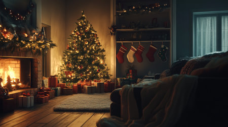 Living room adorned with a beautifully lit Christmas tree, stockings by the fireplace, and cozy blankets on the sofa, exuding festive warmth.の素材