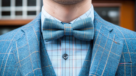 Close-up of a bow tie with a textured shirt and suit, creating a sophisticated look with attention to fabric and style.の素材