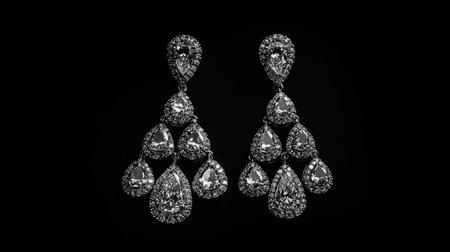 Luxurious diamond chandelier earrings for women, set against a black background, radiating sophistication and beauty.の素材