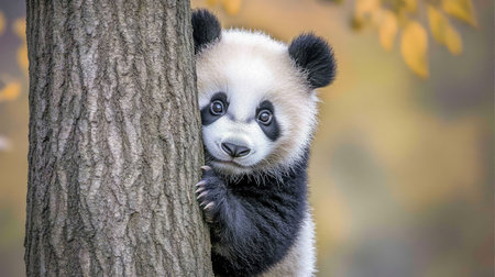 Giant panda cub peeking from behind a tree trunk, giving a shy but curious look, creating a sweet and innocent scene.の素材