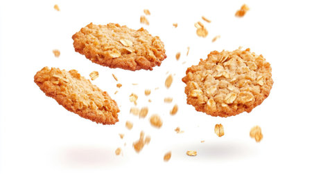 Golden oatmeal cookies tumbling through the air, isolated on white, emphasizing their crunchy, homemade appearance.の素材