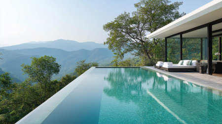 Infinity pool in a private villa, overlooking a mountain view, framed by modern architecture, emphasizing luxury and peace.の素材