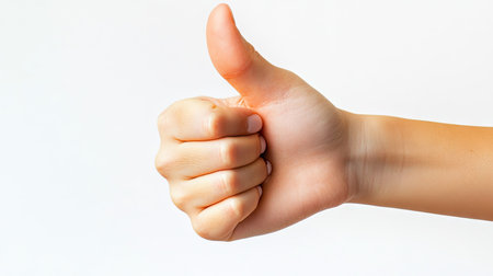 A thumbs-up with well-defined fingernails and smooth skin, centered in the frame on a bright white background.の素材