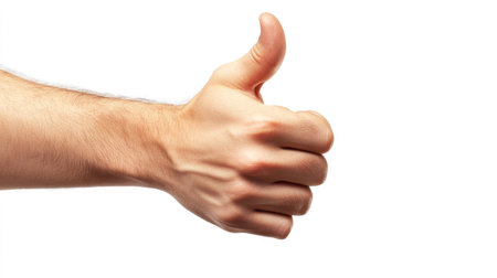 A thumbs-up gesture from a male hand, isolated on a clean white background, showing a confident and positive expression.の素材