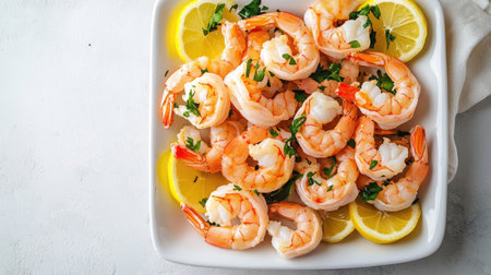 A top-down shot of fresh shrimp neatly arranged on a white dish, decorated with slices of lemon for contrast.の素材