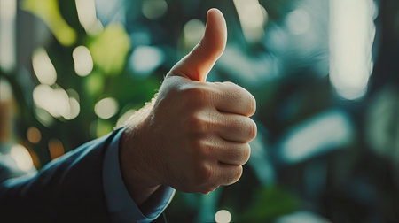A thumbs-up from a business professional's hand, isolated on white, symbolizing success and approval.の素材