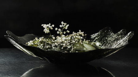 A vibrant, glossy wakame seaweed salad with sesame seeds, plated elegantly on a sleek black dish with soft lighting.の素材