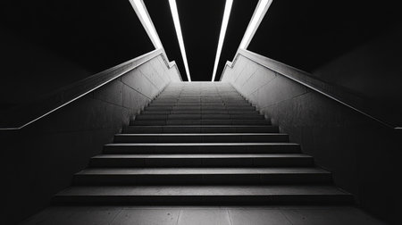 A symmetrical, endless-looking staircase ascending into unknown darkness, creating a surreal effect.の素材