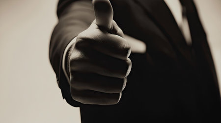 A thumbs-up from a business professional's hand, isolated on white, symbolizing success and approval.の素材
