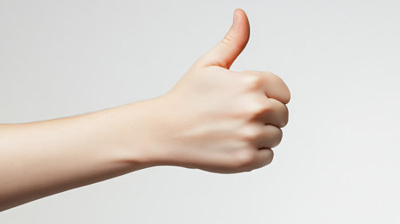 A thumbs-up gesture from a youthful hand, isolated against a plain white surface, with even and professional lighting.の素材