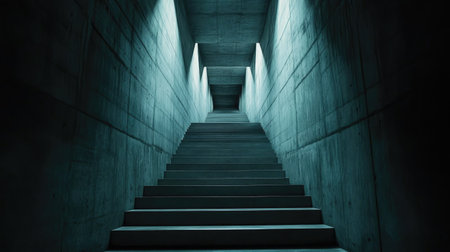 A symmetrical, endless-looking staircase ascending into unknown darkness, creating a surreal effect.の素材