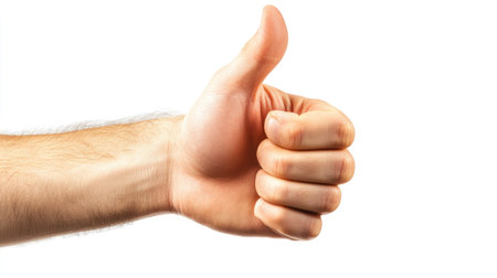 A thumbs-up gesture from a male hand, isolated on a clean white background, showing a confident and positive expression.の素材