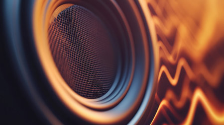 Close-up shot of a closed speaker with flowing, energetic sound waves coming from it.の素材