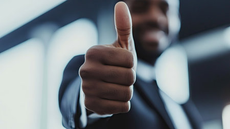 A thumbs-up from a business professional's hand, isolated on white, symbolizing success and approval.の素材