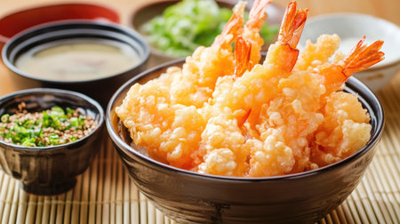 A traditional Japanese serving of shrimp tempura with a side of miso soup, presented on a bamboo mat background.の素材