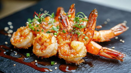 A vibrant food presentation of shrimp tempura on a black slate plate, with a drizzle of sauce, set against a stylish modern background.の素材