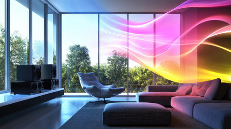 The vibrant movement of sound waves emanating from a high-end sound system in a modern living room.の素材