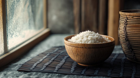 A traditional wooden rice bowl, filled with soft white rice, placed on a dark woven mat.の素材