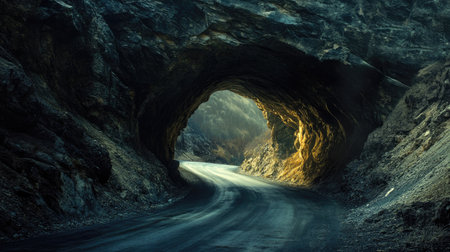 A winding road through a natural rocky tunnel, the distant light inviting travelers toward the unknown.の素材