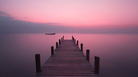 A wooden pier stretching over the calm sea, with a distant boat visible on the horizon and the sky turning pink.の素材