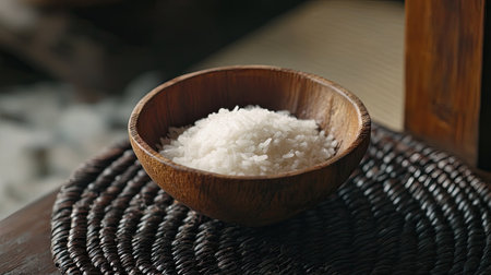 A traditional wooden rice bowl, filled with soft white rice, placed on a dark woven mat.の素材
