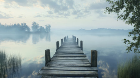 A wooden pier stretching across the peaceful sea, with the early morning light casting soft reflections on the water.の素材
