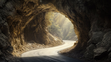 A winding road through a natural rocky tunnel, the distant light inviting travelers toward the unknown.の素材