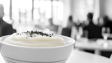 Close-up of smooth, buttery mashed potatoes in a white ceramic bowl, sprinkled with finely chopped parsley, against a bright white backdrop.の素材