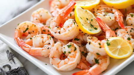 A top-down shot of fresh shrimp neatly arranged on a white dish, decorated with slices of lemon for contrast.の素材