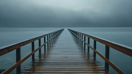 A wooden pier on a cloudy day, stretching out into the deep gray sea with mist rolling in from the horizon.の素材