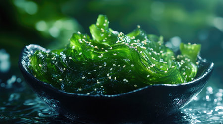 A vibrant, glossy wakame seaweed salad with sesame seeds, plated elegantly on a sleek black dish with soft lighting.の素材