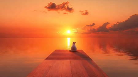 A vibrant sunset casting warm hues over a long wooden pier extending into the calm sea.の素材