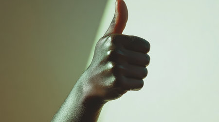 A thumbs-up with subtle lighting, capturing realistic skin tones and shadows, isolated on a white backdrop.の素材