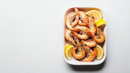 A white dish filled with fresh shrimp, arranged neatly with lemon wedges, placed on a clean white background.の素材