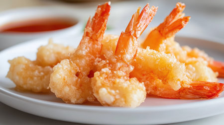 Close-up of shrimp tempura with a crunchy batter, served on a white plate against a soft, neutral background.の素材