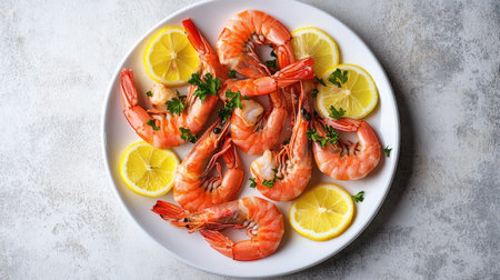 A top-down shot of fresh shrimp neatly arranged on a white dish, decorated with slices of lemon for contrast.の素材