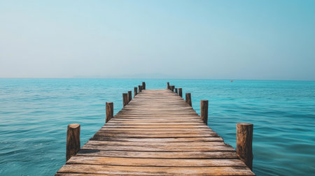 A weathered wooden pier reaching out into the ocean, surrounded by the vast blue sea and a clear sky.の素材