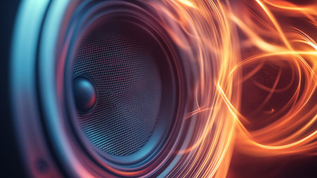 Close-up shot of a closed speaker with flowing, energetic sound waves coming from it.の素材