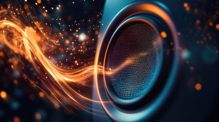 Close-up shot of a closed speaker with flowing, energetic sound waves coming from it.の素材