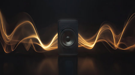 Sound waves coming out of a speaker in a dark room, glowing against a black background.の素材