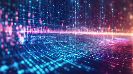 Sound waves glowing in different colors, interacting with each other in a digital, energetic environment.の素材