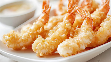 Close-up of shrimp tempura with a crunchy batter, served on a white plate against a soft, neutral background.の素材
