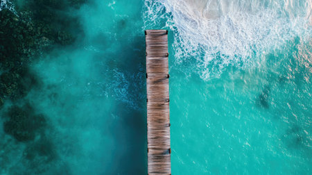 A wooden pier extending toward the ocean, with turquoise water gently surrounding the structure.の素材
